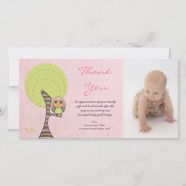 Owl Thank You New Baby Girl Arrival Gift Photocard (Front)