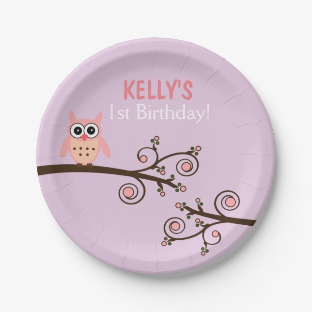 Owl Themed Birthday Paper Plates (Front)