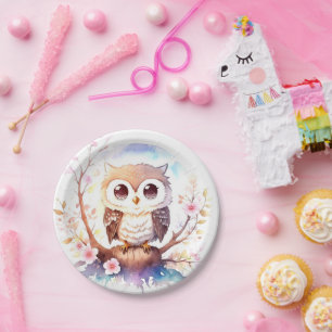 Owl-themed Woodland Baby Girl Shower Paper Plate