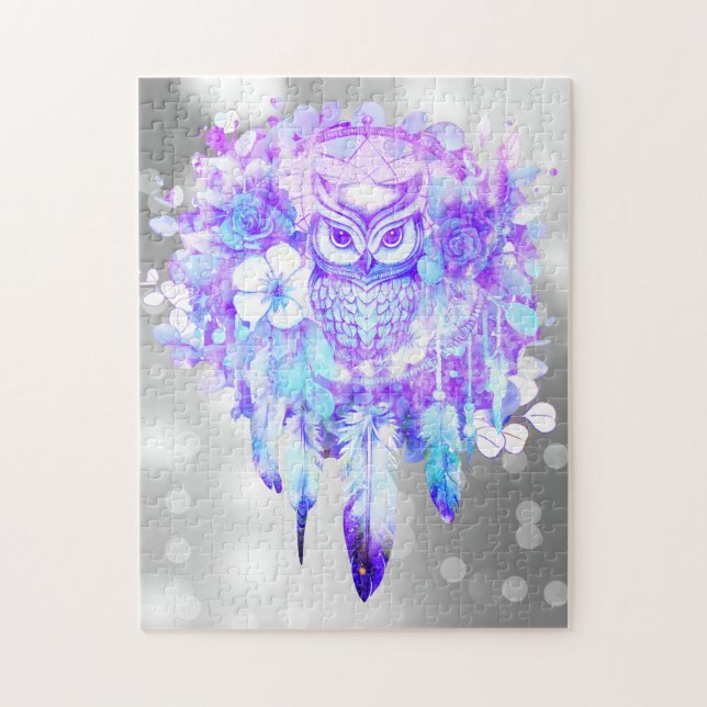 Owl Totem Dreamcatcher Floral Feather Purple Grey Jigsaw Puzzle (Vertical)