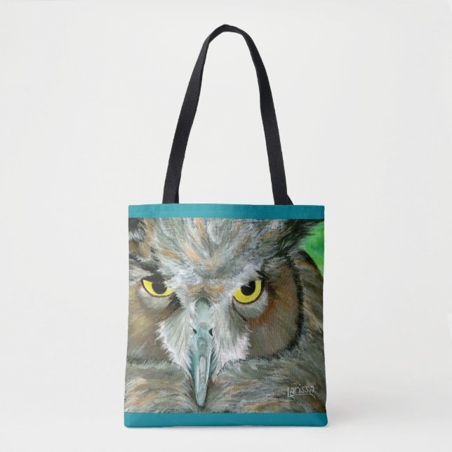Owl: Turquoise Accent w/ Feather Detail Back Tote Bag (Front)