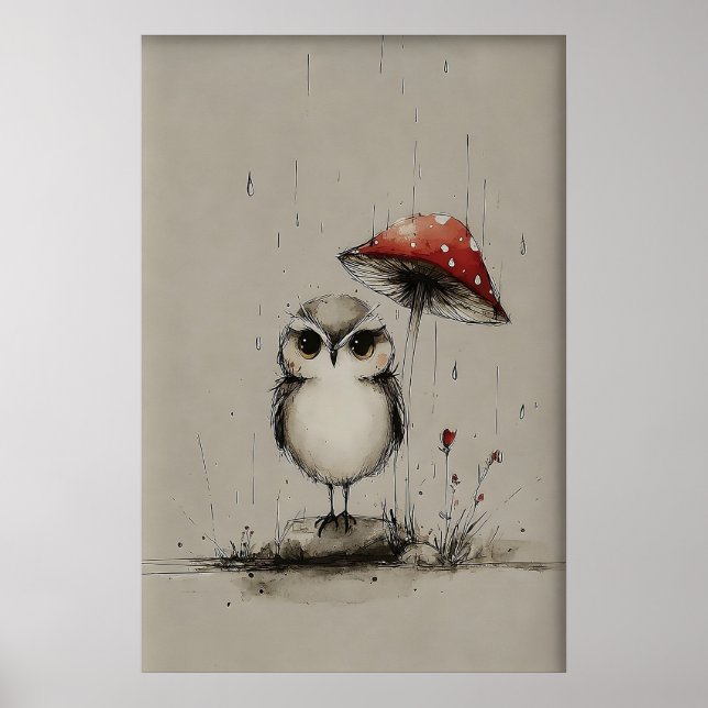Owl Under Mushroom Printable Art, Spring Sketch Poster (Front)