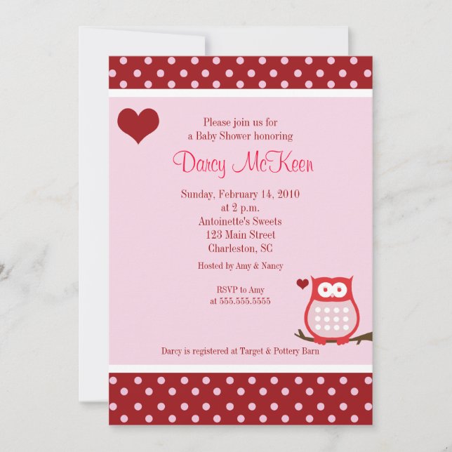 Owl Valentine's Day Heart Baby Shower Invitation (Front)