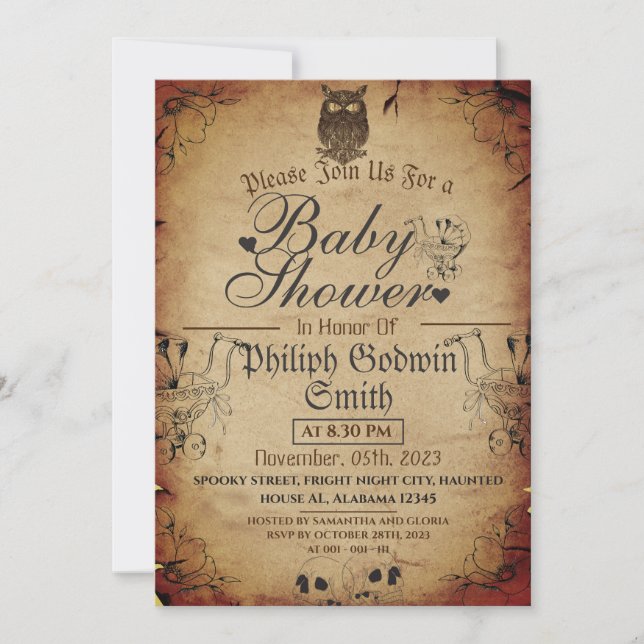 Owl Vintage Elegant Gothic, Halloween Baby Shower Invitation (Front)