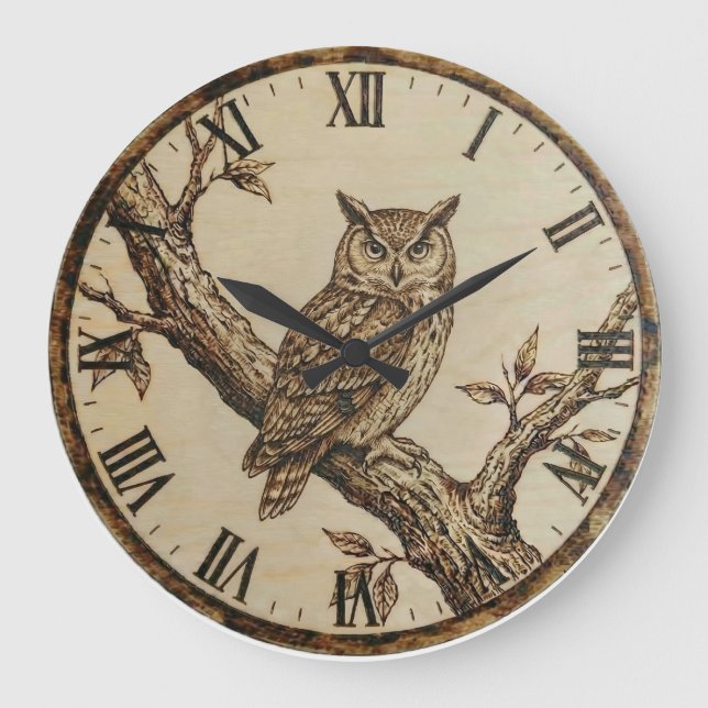 Owl Wall Clock _ Wood-Burned Forest Style (Front)