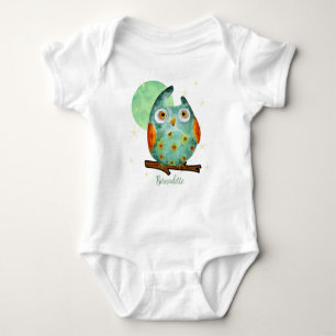 Owl Watercolor Style Name Birthday on Back Baby Bodysuit