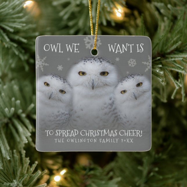 Owl We Want Spread Christmas Cheer Snowy Owls Ceramic Ornament (Tree)