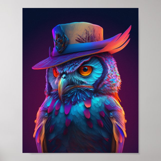 Owl Wearing A Hat, Playful Animal Lover Poster (Front)