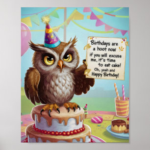 Owl wearing birthday hat standing on cake poster