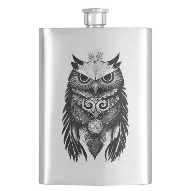 Owl Wild Animal Nature Illustration Art Tattoo Hip Flask (Front)