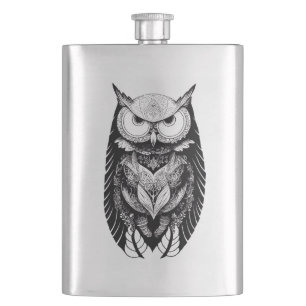 Owl Wild Animal Nature Illustration Art Tattoo Hip Flask