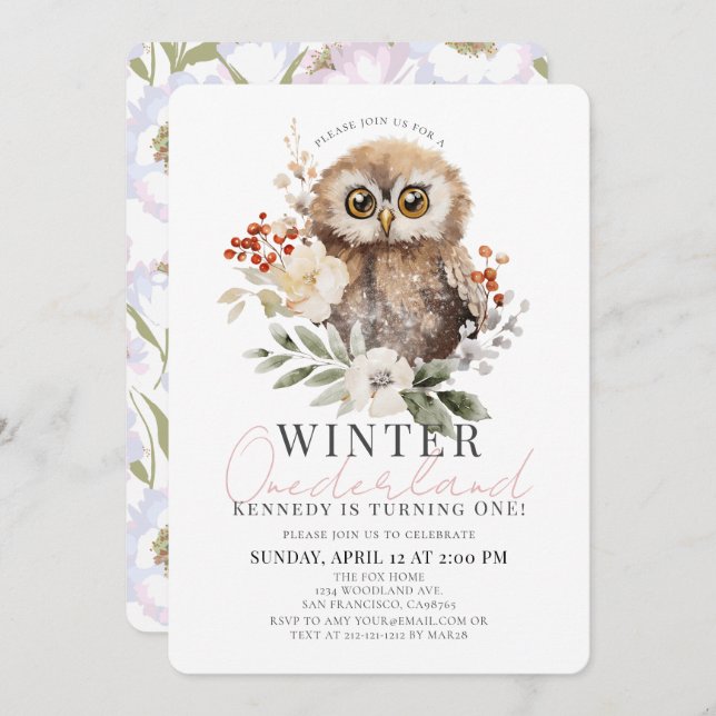 Owl Winter Onederland Girl 1st Birthday Invitation (Front/Back)