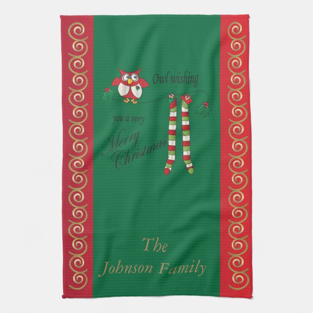 Owl Wish You a Merry Christmas Tea Towel (Vertical)