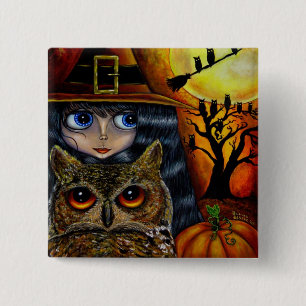 Owl Witch Halloween Button