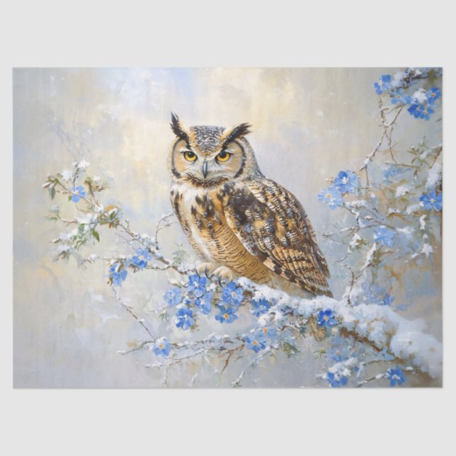 Owl with Blue Flowers Painting Decoupage Tissue Paper (Front)