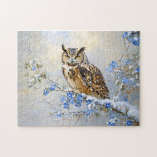 Owl with Blue Flowers Painting Jigsaw Puzzle