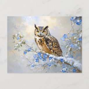 Owl with Blue Flowers Painting Postcard