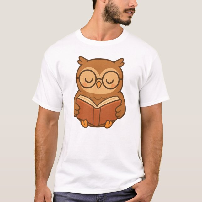Owl with Book – Cute Kawaii Reading Art T-Shirt (Front)