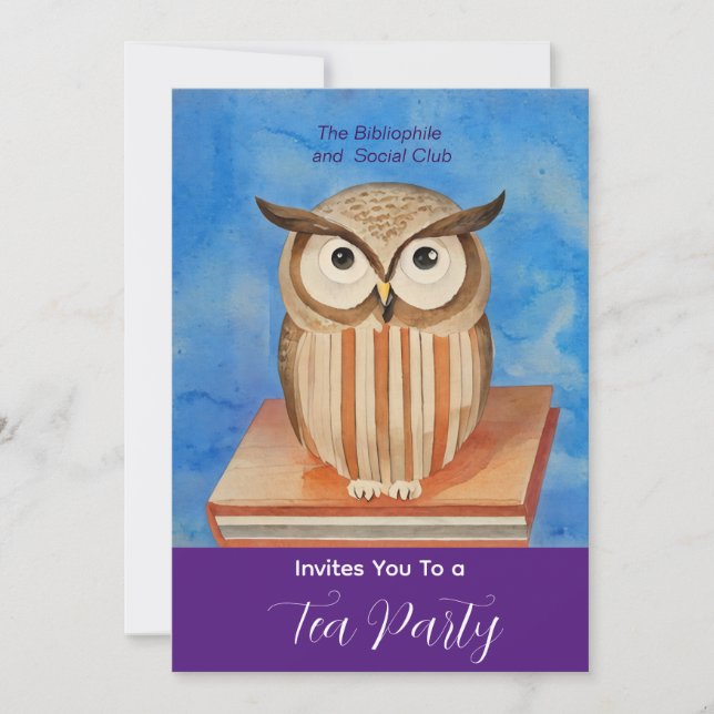  owl with books -tea party invitation (Front)