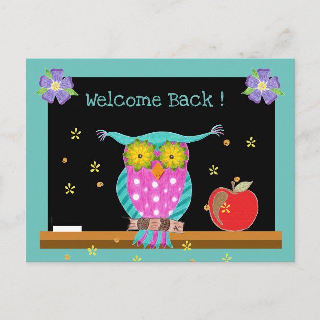 Owl with chalkboard and apple back-to-school postcard (Front)