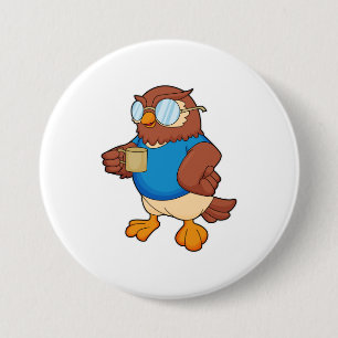 Owl with Coffee mug 7.5 Cm Round Badge
