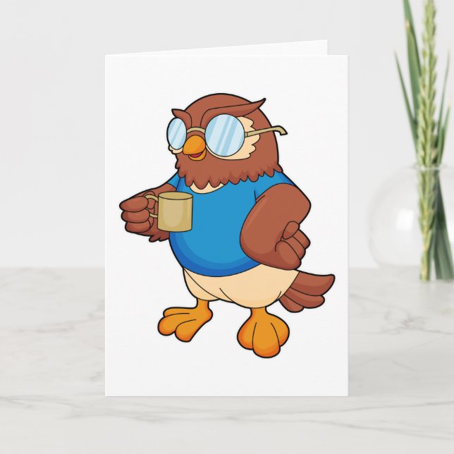 Owl with Coffee mug Card (Front)