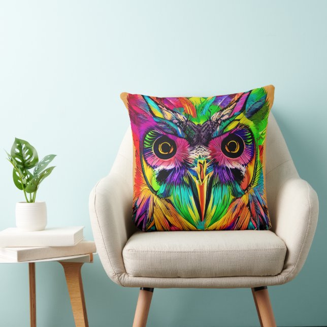 Owl with Colourful Feathers Quirky AI Art Cushion (Chair)