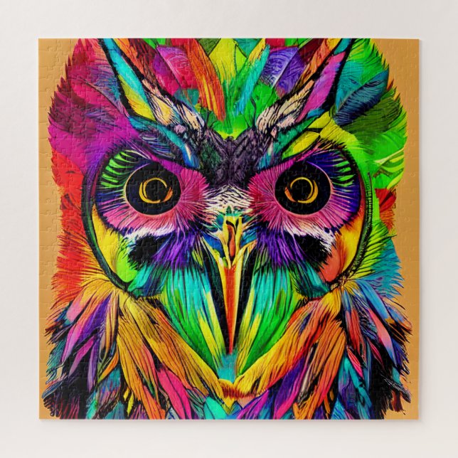 Owl with Colourful Feathers Quirky AI Art Jigsaw Puzzle (Vertical)