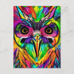Owl with Colourful Feathers Quirky AI Art Postcard