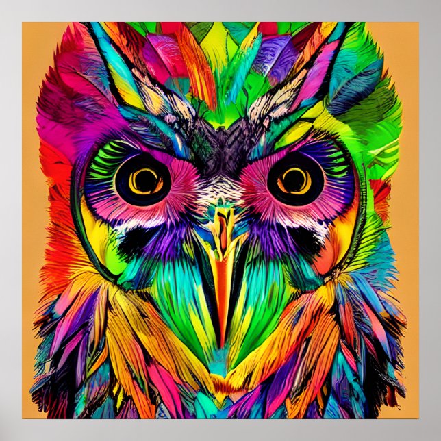 Owl with Colourful Feathers Quirky AI Art Poster (Front)