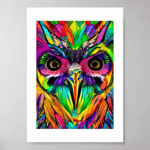 Owl with Colourful Feathers Quirky AI Art Poster