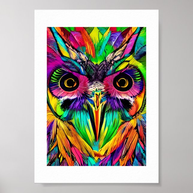Owl with Colourful Feathers Quirky AI Art Poster (Front)