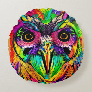 Owl with Colourful Feathers Quirky AI Art Round Cushion