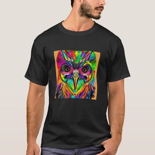 Owl with Colourful Feathers Quirky AI Art T-Shirt (Front)