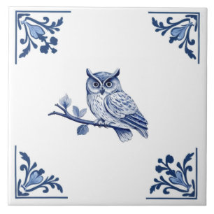 Owl with Delft Blue and White Corner Flourish Ceramic Tile