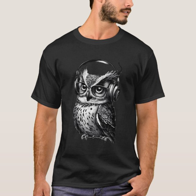 Owl With Glasses And Headphones Owl Lover T-Shirt (Front)