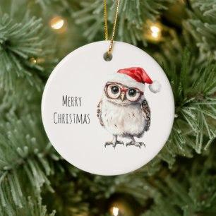 Owl with Glasses Christmas Ceramic Ornament