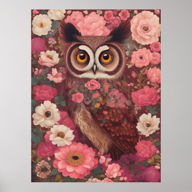 Owl with large eyes in front of flowers #3 poster (Front)
