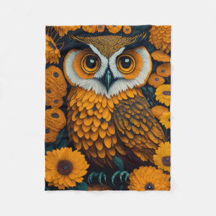 Owl with large eyes in front of flowers fleece blanket