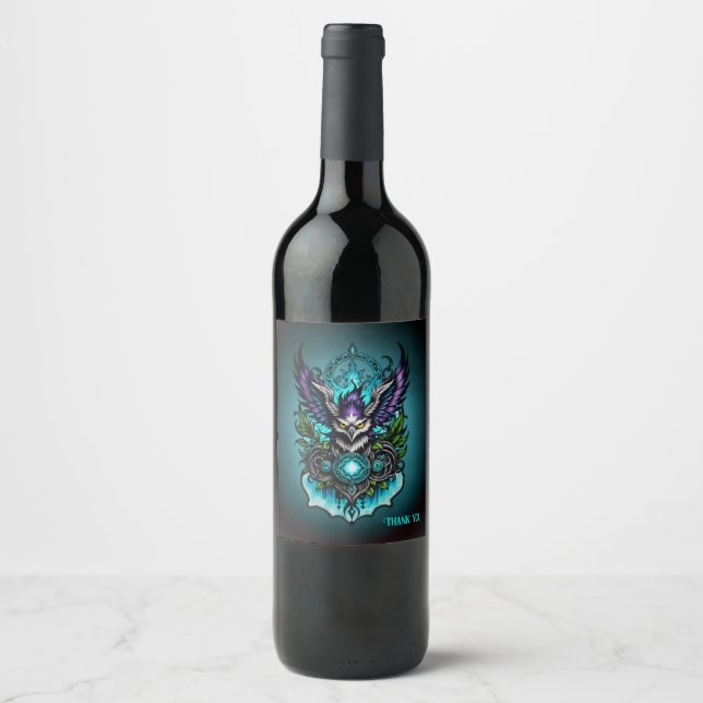 Owl with magical elements.  wine label (Front)