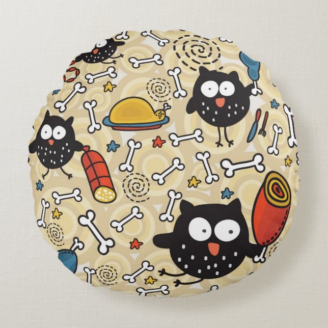 Owl with Meat Pattern Round Cushion (Front)