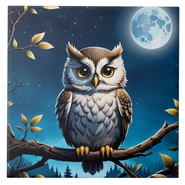 owl with moon background ceramic tile (Front)