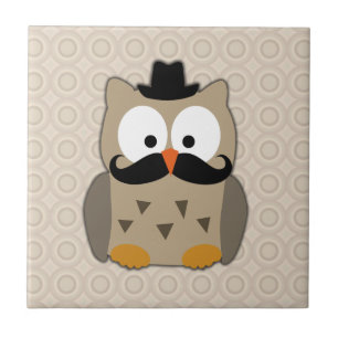 Owl with Moustache and Hat Ceramic Tile