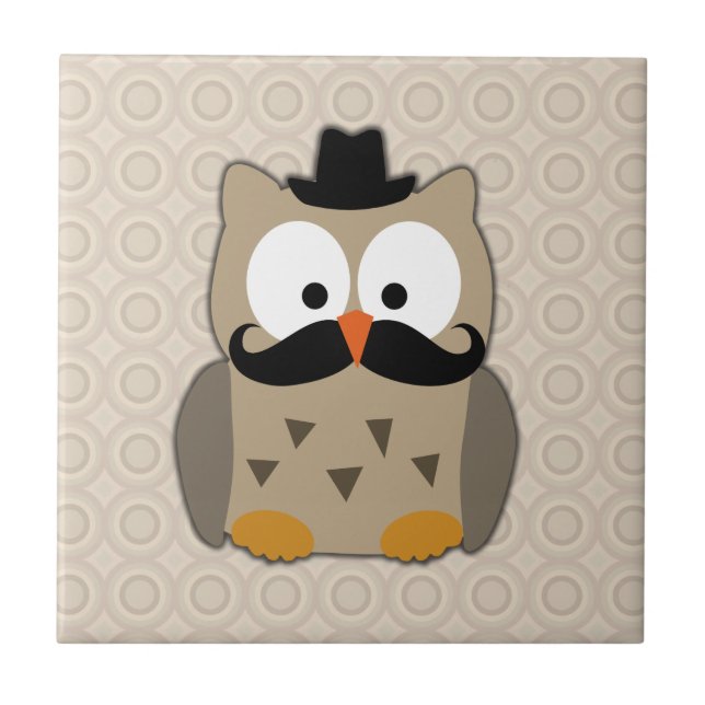 Owl with Moustache and Hat Ceramic Tile (Front)