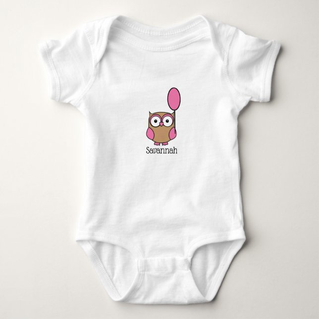 Owl with Pink Balloon and Name Baby Bodysuit (Front)