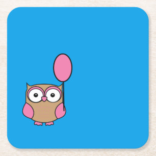 Owl with Pink Balloon Square Paper Coaster
