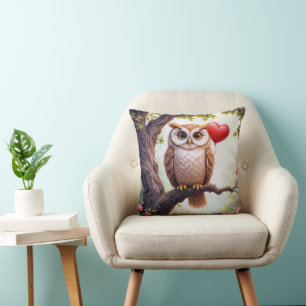 Owl With Red Heart Balloon Cushion