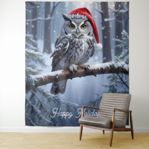 Owl with Santa Hat Backdrop Tapestry