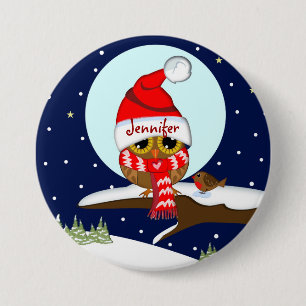 Owl with Santa hat & custom name button