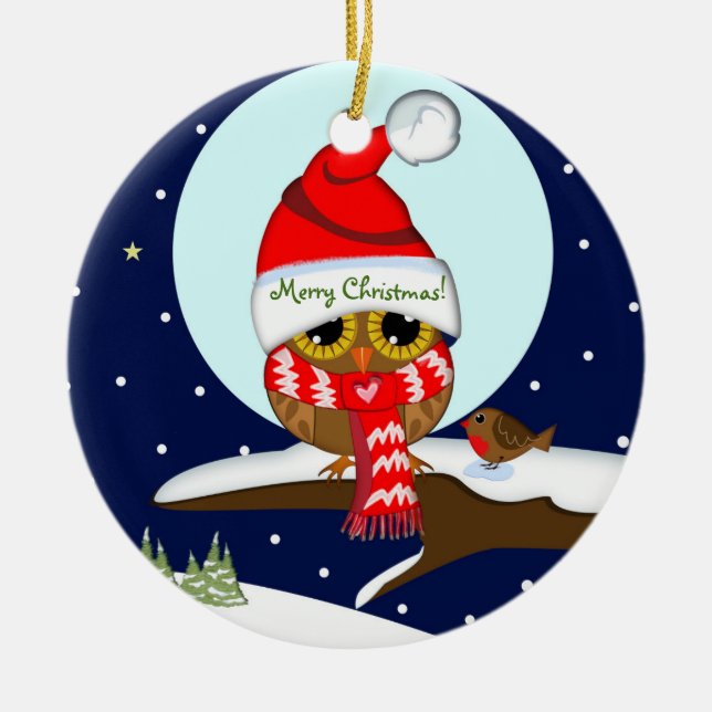 Owl with Santa hat & custom text Ceramic Tree Decoration (Front)